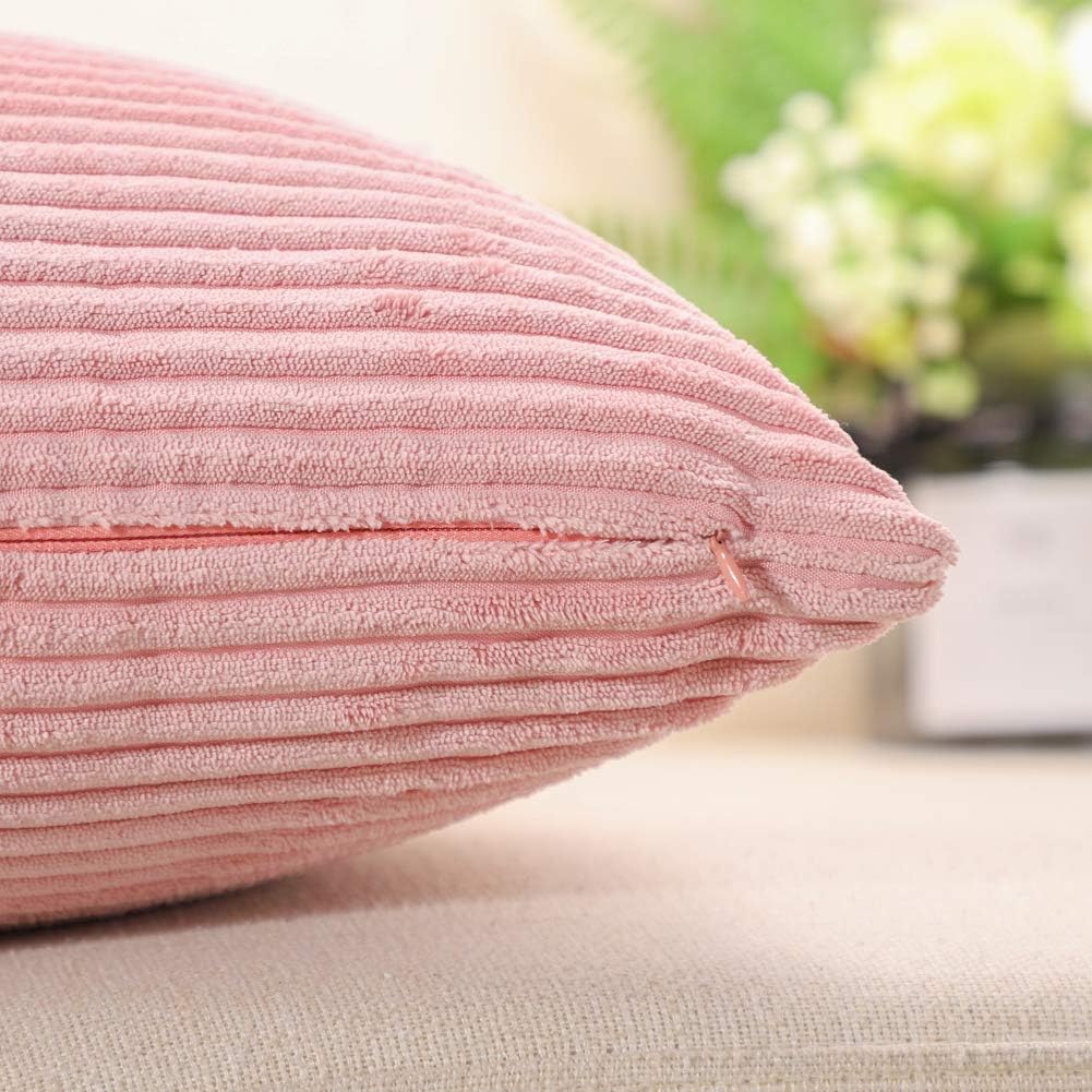 Cozy Striped Corduroy Pillow Covers Super Soft Decorative Square Throw Pillow Covers Case Cushion Covers for Sofa Couch Bedroom Car Decor 20 x 20 Inches, Pink