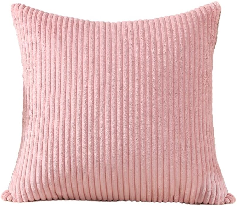 Cozy Striped Corduroy Pillow Covers Super Soft Decorative Square Throw Pillow Covers Case Cushion Covers for Sofa Couch Bedroom Car Decor 20 x 20 Inches, Pink