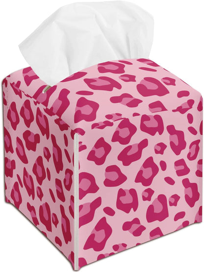 Leopard Print Tissue Box Cover Holder, Pink Decorative Tissue Box Cover Square, Housewarming Gift Ideas for Family Friends, Home Bathroom Office Car Decor-(5.2 Inches) A16