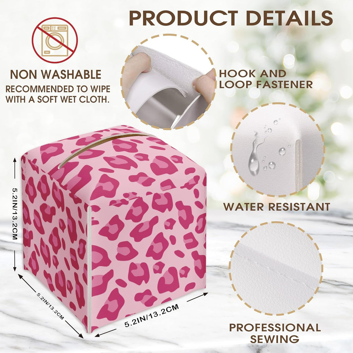 Leopard Print Tissue Box Cover Holder, Pink Decorative Tissue Box Cover Square, Housewarming Gift Ideas for Family Friends, Home Bathroom Office Car Decor-(5.2 Inches) A16