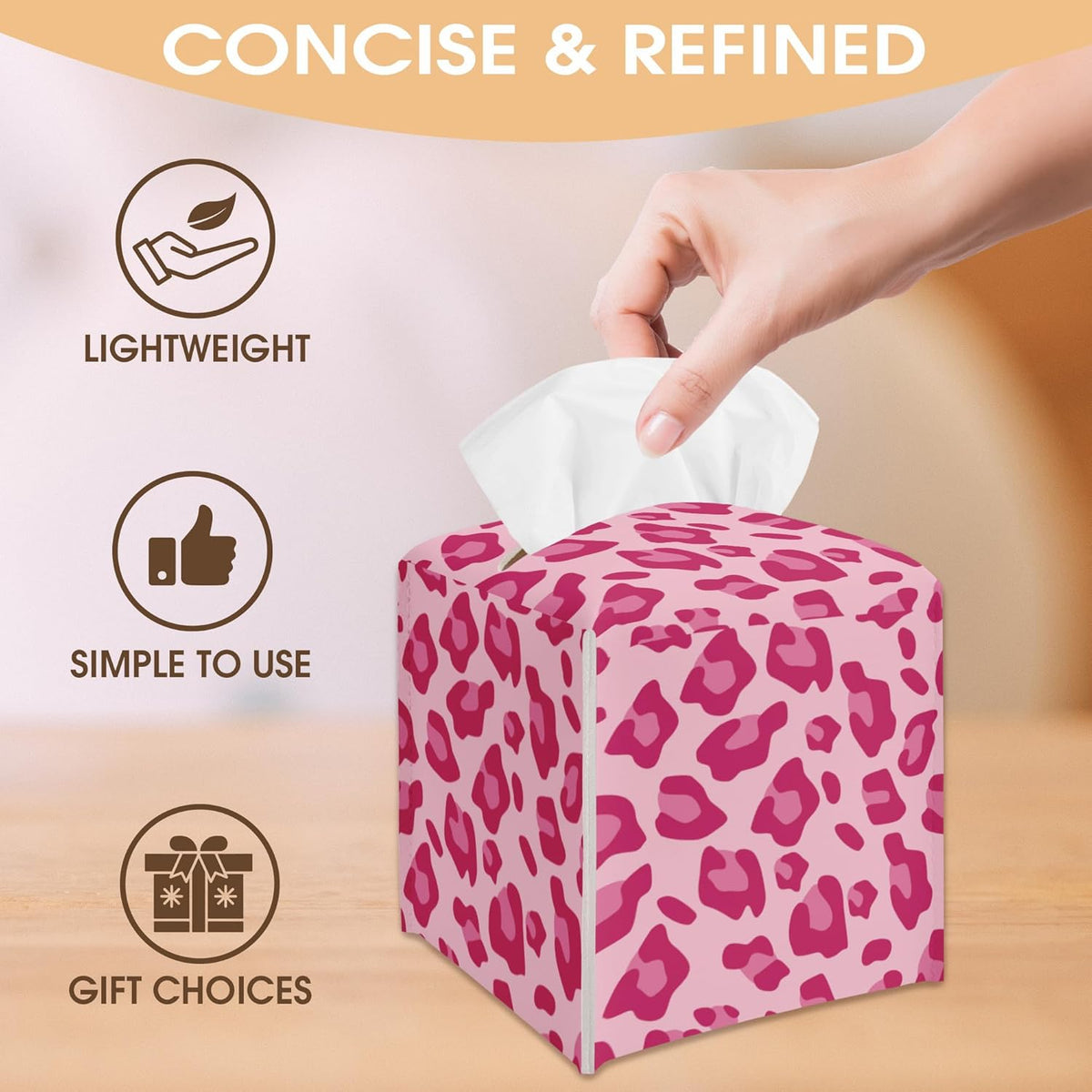 Leopard Print Tissue Box Cover Holder, Pink Decorative Tissue Box Cover Square, Housewarming Gift Ideas for Family Friends, Home Bathroom Office Car Decor-(5.2 Inches) A16