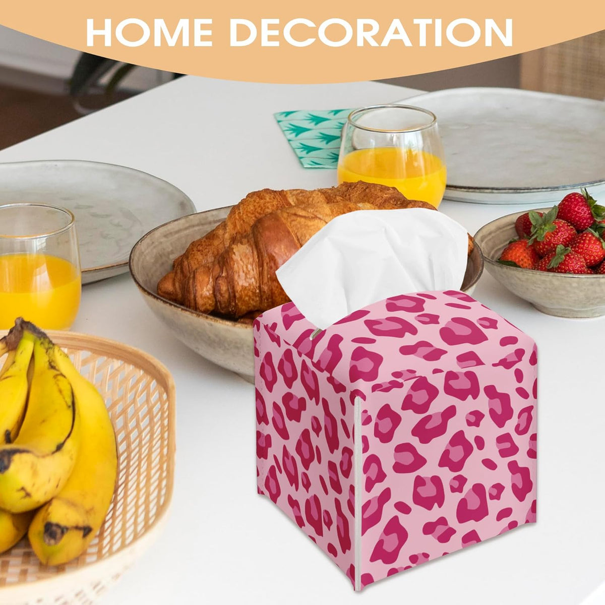 Leopard Print Tissue Box Cover Holder, Pink Decorative Tissue Box Cover Square, Housewarming Gift Ideas for Family Friends, Home Bathroom Office Car Decor-(5.2 Inches) A16