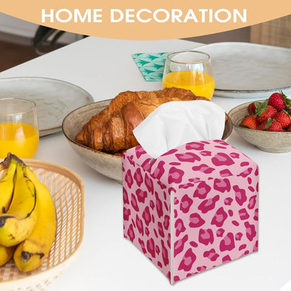 Leopard Print Tissue Box Cover Holder, Pink Decorative Tissue Box Cover Square, Housewarming Gift Ideas for Family Friends, Home Bathroom Office Car Decor-(5.2 Inches) A16