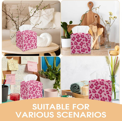 Leopard Print Tissue Box Cover Holder, Pink Decorative Tissue Box Cover Square, Housewarming Gift Ideas for Family Friends, Home Bathroom Office Car Decor-(5.2 Inches) A16