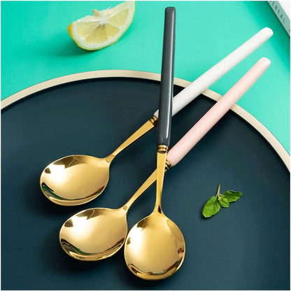 Tablespoons Household Spoon Stainless Steel Delicate Long Handle Spoon Large and Small Special Dessert Spoon Watermelon Spoon Serving Spoon (Color : Pink, Size : Small)