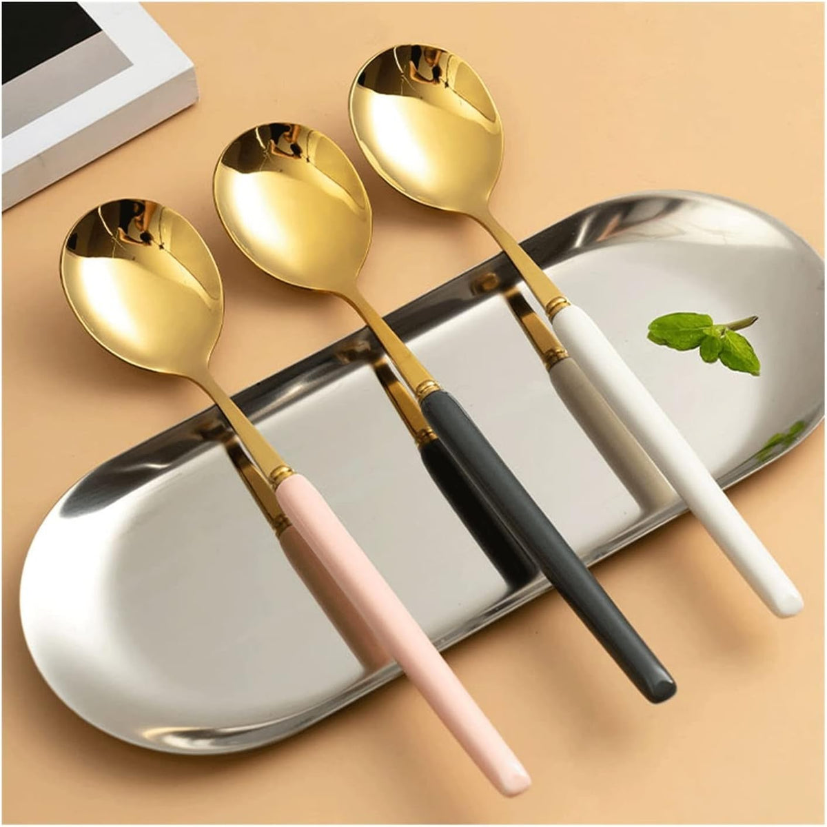 Tablespoons Household Spoon Stainless Steel Delicate Long Handle Spoon Large and Small Special Dessert Spoon Watermelon Spoon Serving Spoon (Color : Pink, Size : Small)