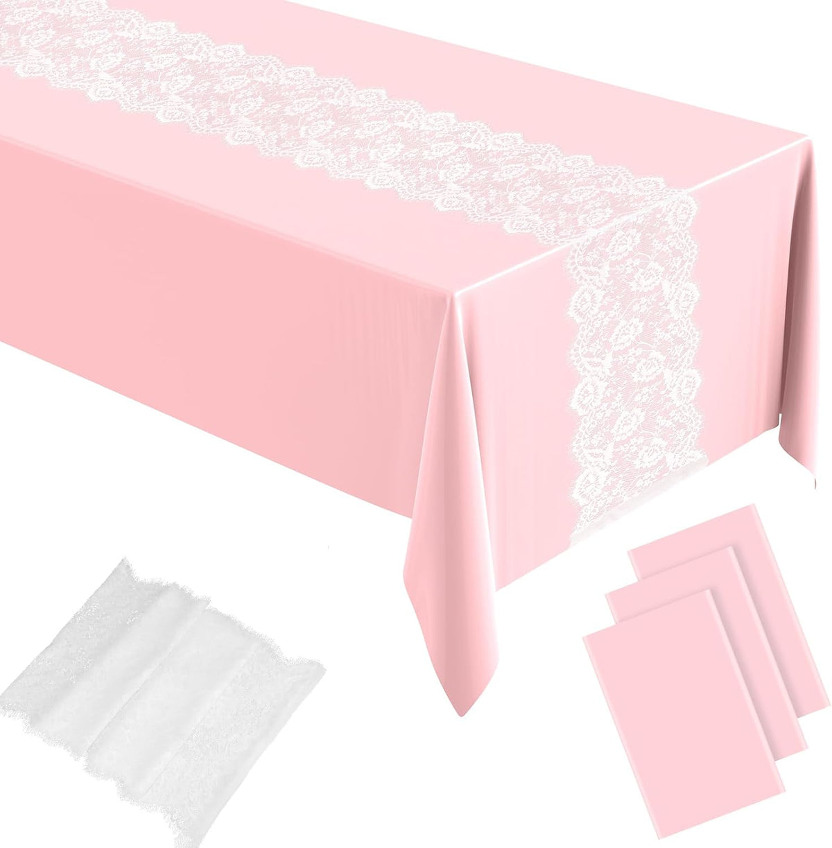 6 Pcs Disposable Plastic Tablecloth Lace Table Runner Set, Pink