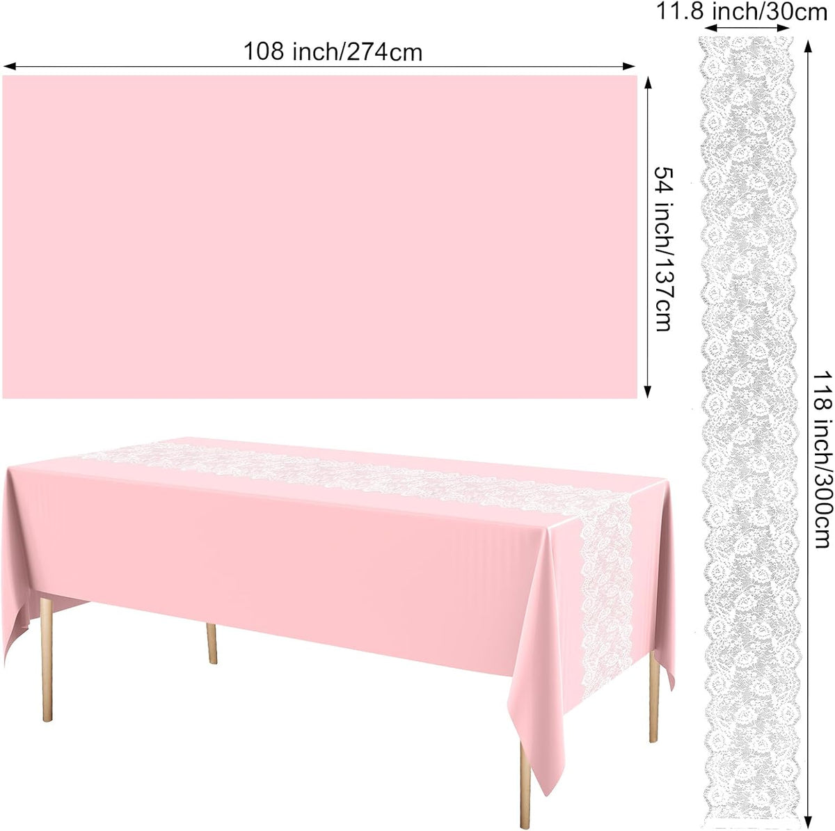 6 Pcs Disposable Plastic Tablecloth Lace Table Runner Set, Pink