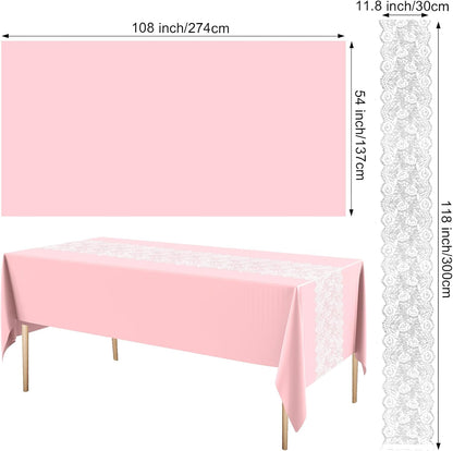 6 Pcs Disposable Plastic Tablecloth Lace Table Runner Set, Pink
