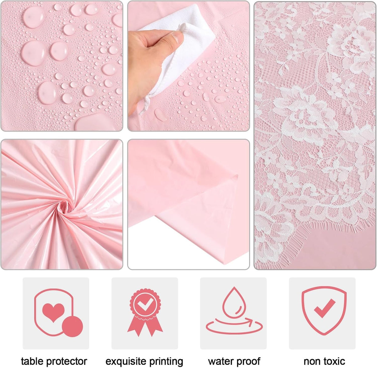 6 Pcs Disposable Plastic Tablecloth Lace Table Runner Set, Pink