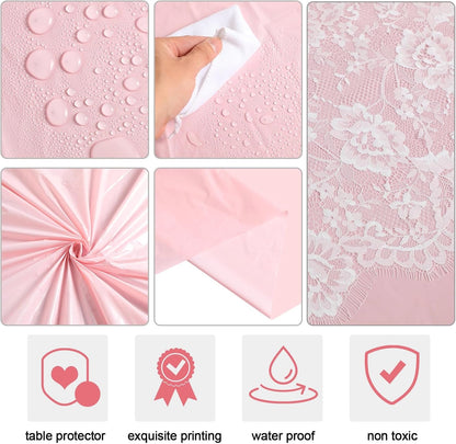 6 Pcs Disposable Plastic Tablecloth Lace Table Runner Set, Pink