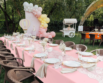 6 Pcs Disposable Plastic Tablecloth Lace Table Runner Set, Pink