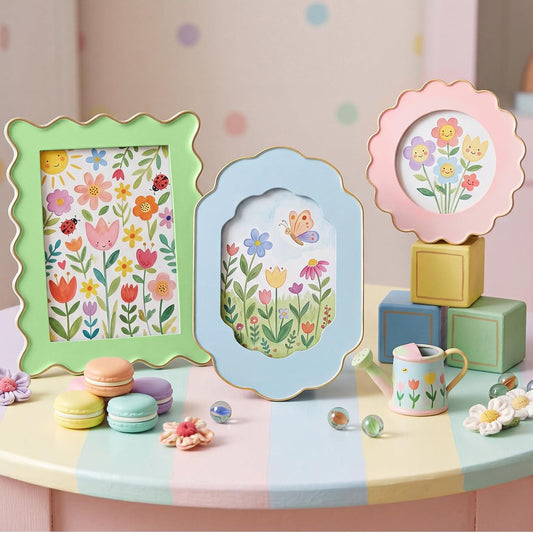 3 Pack Colorful Wave Scalloped Cute Resin Photo Frames with Gold Side for 5x7 4x6 4x4 Pictures, Blue Pink Green Scalloped Border for Wall or Tabletop Kids Room Funny Decor