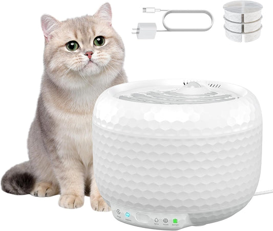 Automatic Cat Water Fountain, 62oz/1.8L Pet Water Fountain with Ultra Quiet Pump, Small Cat Fountain with Two Flow Modes, Includes 3 Filters (White, ABS)