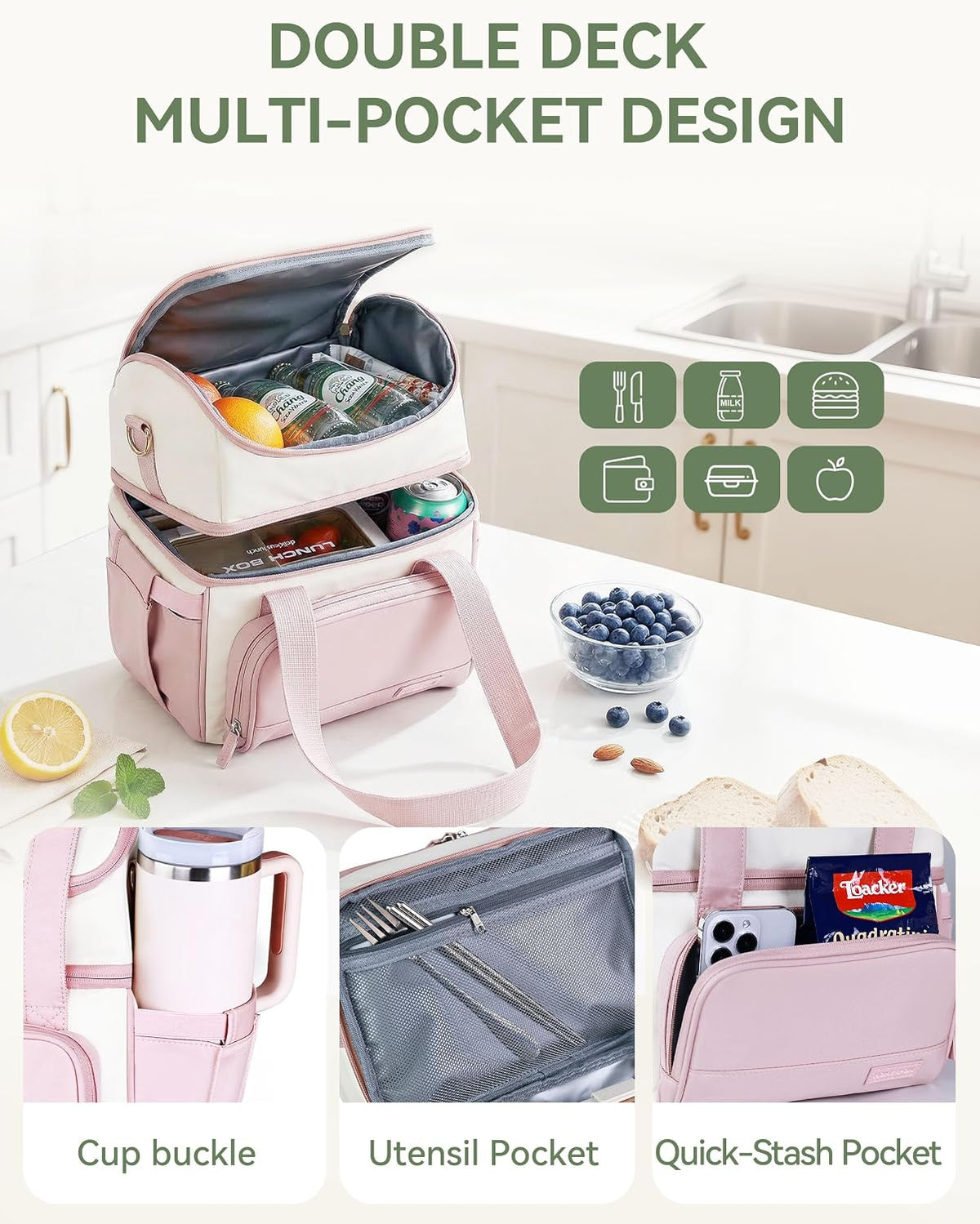 Double Layer Insulated Lunch Bag with Shoulder Strap, 12L, Pink