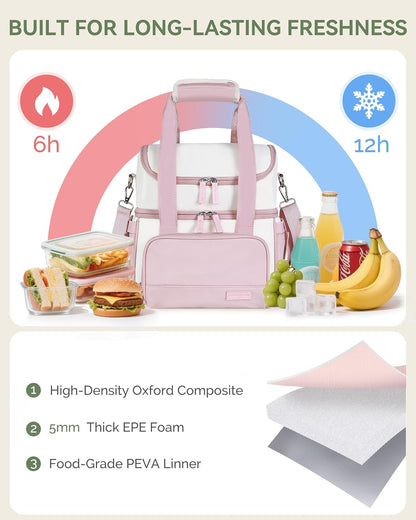 Double Layer Insulated Lunch Bag with Shoulder Strap, 12L, Pink