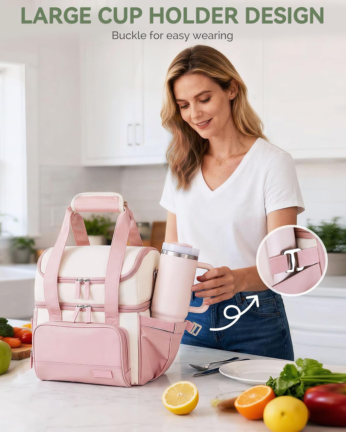 Double Layer Insulated Lunch Bag with Shoulder Strap, 12L, Pink