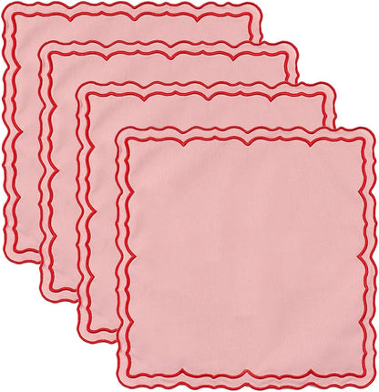 Scalloped Embroidery Cloth Napkins Set of 4 14"X14" Cotton Napkins for Potluck Party Wedding Table Decor (Square Pink with Red)
