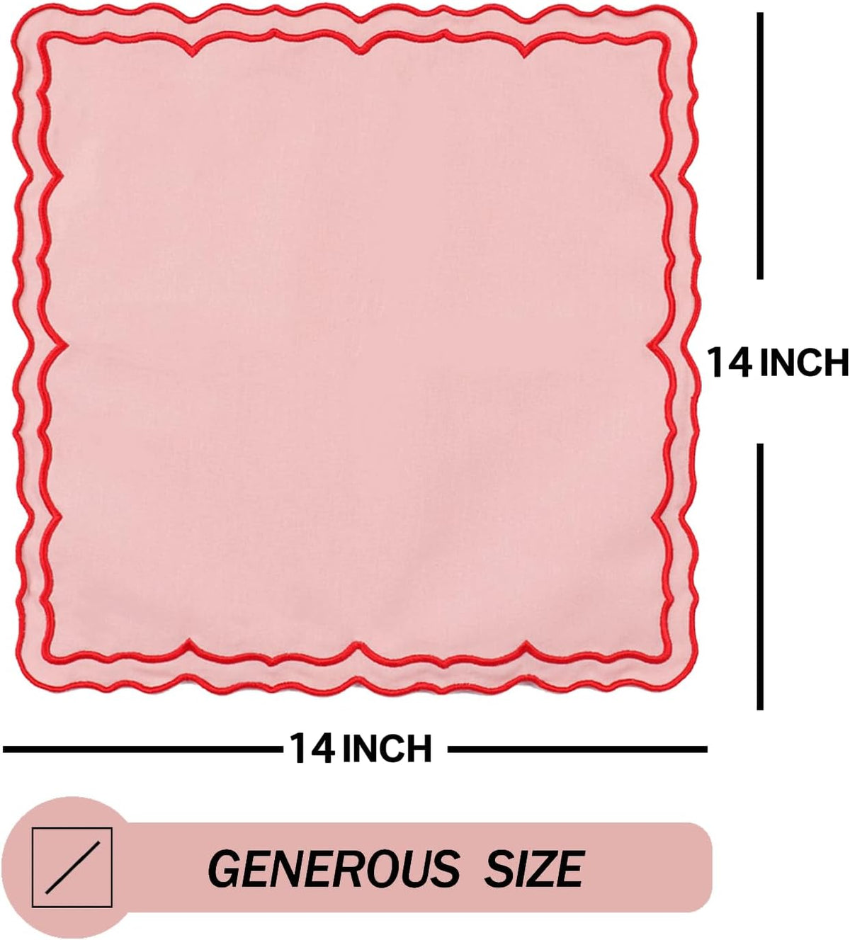 Scalloped Embroidery Cloth Napkins Set of 4 14"X14" Cotton Napkins for Potluck Party Wedding Table Decor (Square Pink with Red)