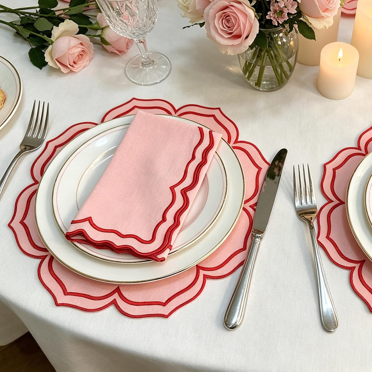 Scalloped Embroidery Cloth Napkins Set of 4 14"X14" Cotton Napkins for Potluck Party Wedding Table Decor (Square Pink with Red)