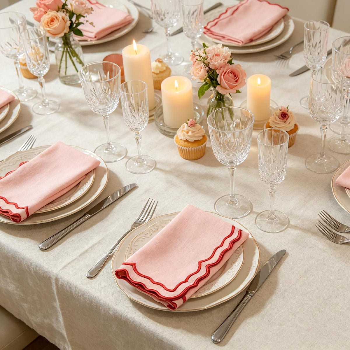 Scalloped Embroidery Cloth Napkins Set of 4 14"X14" Cotton Napkins for Potluck Party Wedding Table Decor (Square Pink with Red)