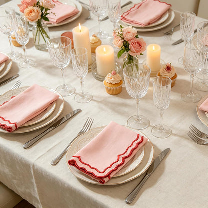 Scalloped Embroidery Cloth Napkins Set of 4 14"X14" Cotton Napkins for Potluck Party Wedding Table Decor (Square Pink with Red)