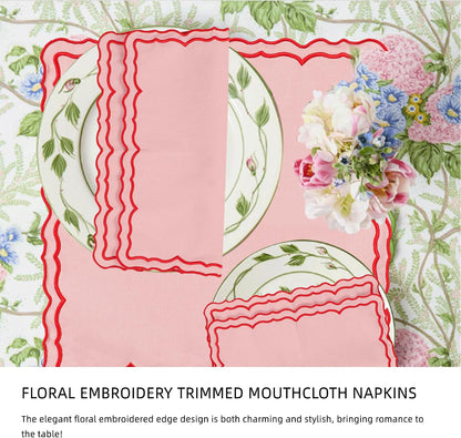 Scalloped Embroidery Cloth Napkins Set of 4 14"X14" Cotton Napkins for Potluck Party Wedding Table Decor (Square Pink with Red)