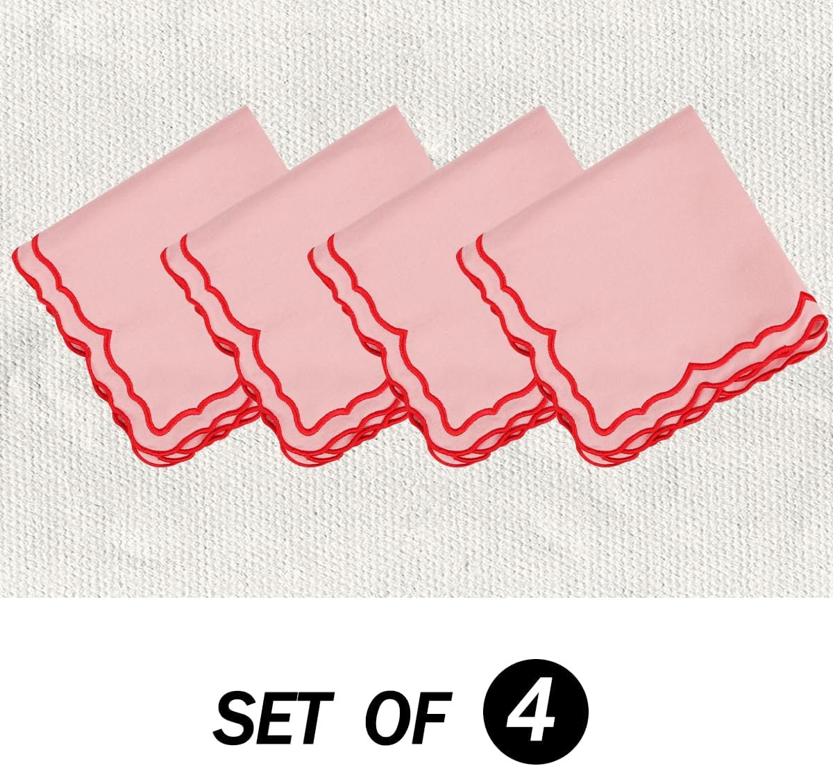 Scalloped Embroidery Cloth Napkins Set of 4 14"X14" Cotton Napkins for Potluck Party Wedding Table Decor (Square Pink with Red)