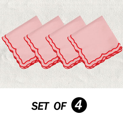Scalloped Embroidery Cloth Napkins Set of 4 14"X14" Cotton Napkins for Potluck Party Wedding Table Decor (Square Pink with Red)