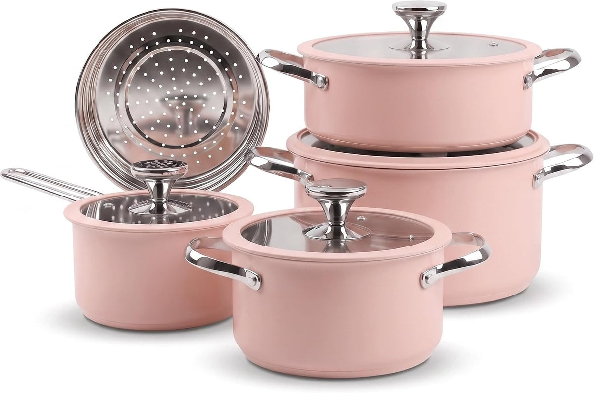 PURECOOK 9pcs Stainless Steel Cookware Set for Family Kitchen, 304 Grade, Ceramic Coated Exterior, Induction Compatible Pots and Pans with Glass Lids, Non-Toxic & Easy to Clean,Pink