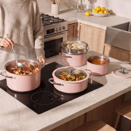 PURECOOK 9pcs Stainless Steel Cookware Set for Family Kitchen, 304 Grade, Ceramic Coated Exterior, Induction Compatible Pots and Pans with Glass Lids, Non-Toxic & Easy to Clean,Pink