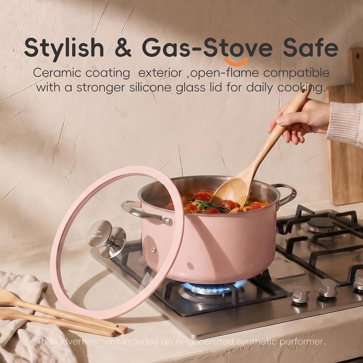 PURECOOK 9pcs Stainless Steel Cookware Set for Family Kitchen, 304 Grade, Ceramic Coated Exterior, Induction Compatible Pots and Pans with Glass Lids, Non-Toxic & Easy to Clean,Pink