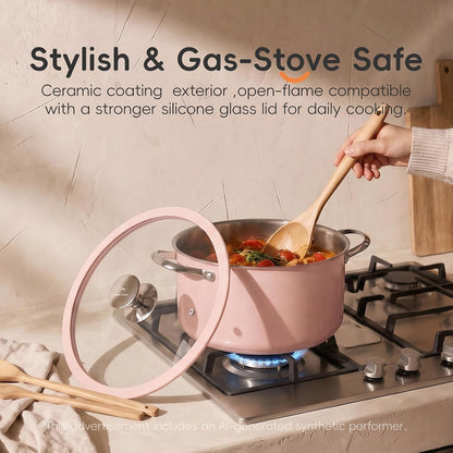 PURECOOK 9pcs Stainless Steel Cookware Set for Family Kitchen, 304 Grade, Ceramic Coated Exterior, Induction Compatible Pots and Pans with Glass Lids, Non-Toxic & Easy to Clean,Pink