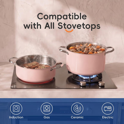 PURECOOK 9pcs Stainless Steel Cookware Set for Family Kitchen, 304 Grade, Ceramic Coated Exterior, Induction Compatible Pots and Pans with Glass Lids, Non-Toxic & Easy to Clean,Pink