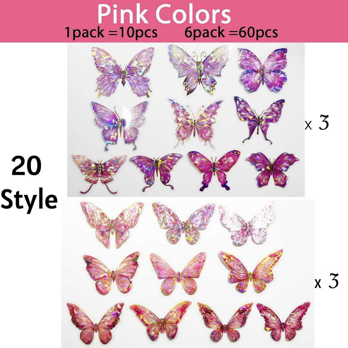 3D Butterfly Wall Decor, 60Pcs Pink Wall Art Decal Party Decoration