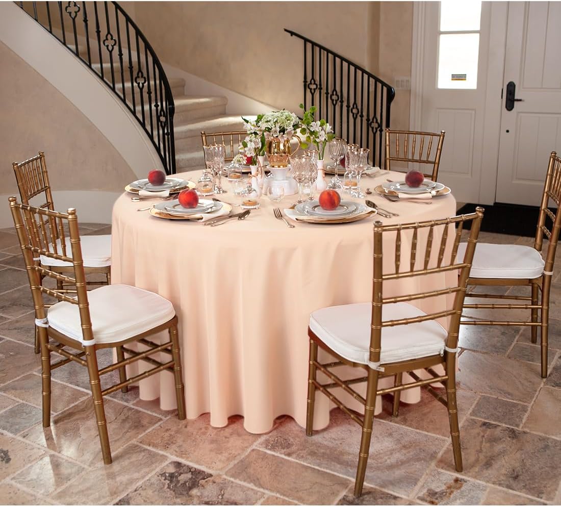 5 Pack 120 Inch Round Tablecloth Peach - Bulk for 60 Inch Round Table Floor Length - Wrinkle Resistant Polyester Fabric Cloth for Party