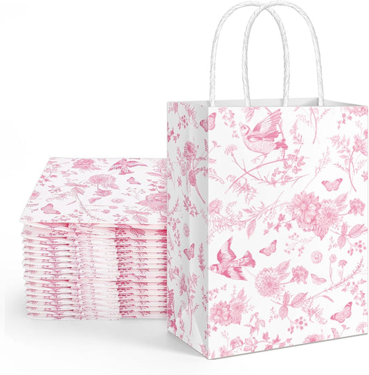 16 Pcs Floral Paper Gift Bags Pink White Flower Bird Party Favor Bag with Handle Chinoiserie Hydrangea Branches Goodie Candy Treat Bags for Wedding Birthday Anniversary Bridal Shower