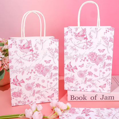 16 Pcs Floral Paper Gift Bags Pink White Flower Bird Party Favor Bag with Handle Chinoiserie Hydrangea Branches Goodie Candy Treat Bags for Wedding Birthday Anniversary Bridal Shower