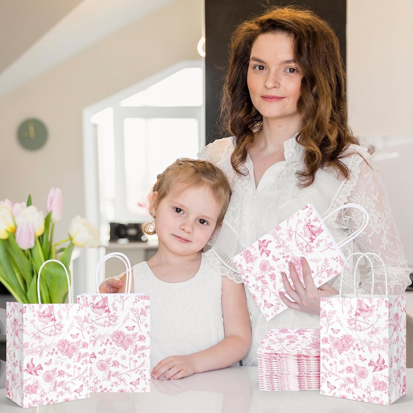 16 Pcs Floral Paper Gift Bags Pink White Flower Bird Party Favor Bag with Handle Chinoiserie Hydrangea Branches Goodie Candy Treat Bags for Wedding Birthday Anniversary Bridal Shower