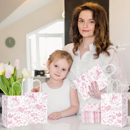 16 Pcs Floral Paper Gift Bags Pink White Flower Bird Party Favor Bag with Handle Chinoiserie Hydrangea Branches Goodie Candy Treat Bags for Wedding Birthday Anniversary Bridal Shower