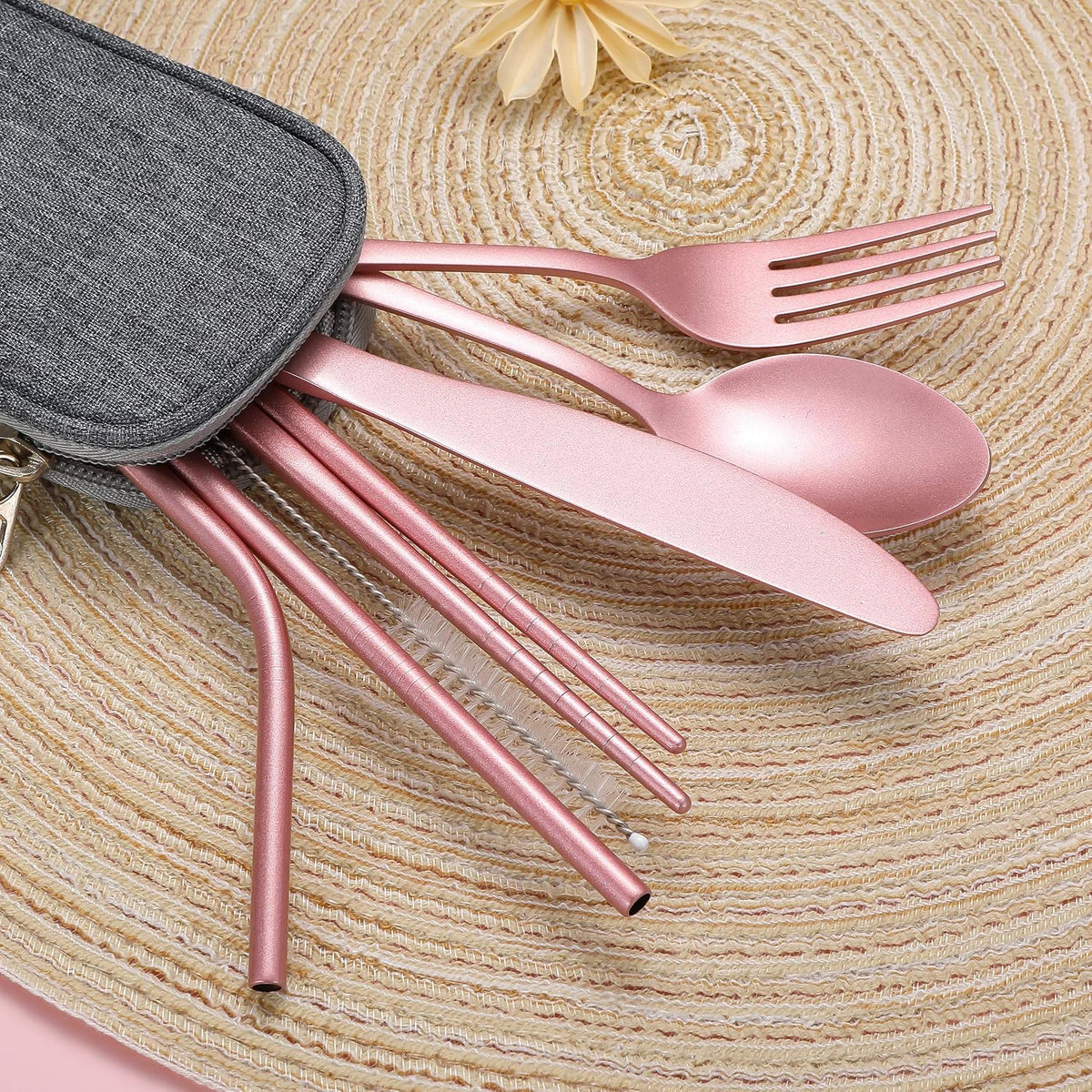 Portable Stainless Steel Flatware Set, Travel Camping Cutlery Set, Portable Utensil Travel Silverware Dinnerware Set with a Waterproof Case (Pink)