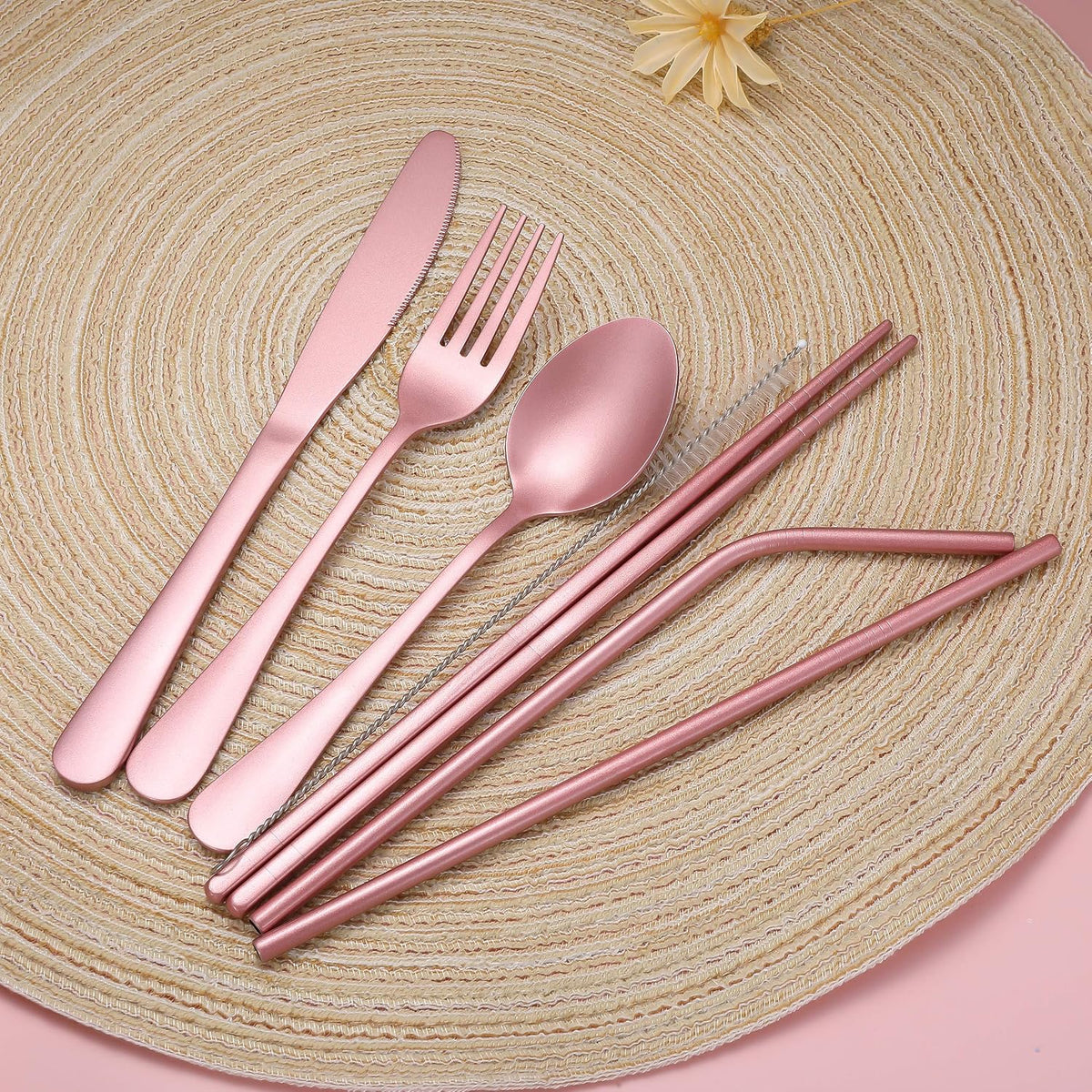 Portable Stainless Steel Flatware Set, Travel Camping Cutlery Set, Portable Utensil Travel Silverware Dinnerware Set with a Waterproof Case (Pink)