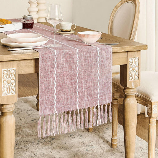 ZeeMart Farmhouse Braided Striped Table Runner, Rustic Pink Table Runners 60 Inches Long Boho Home Decor, Dusty Rose 15x60 Inches
