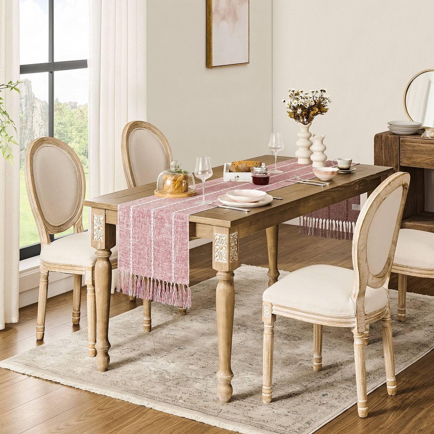 ZeeMart Farmhouse Braided Striped Table Runner, Rustic Pink Table Runners 60 Inches Long Boho Home Decor, Dusty Rose 15x60 Inches