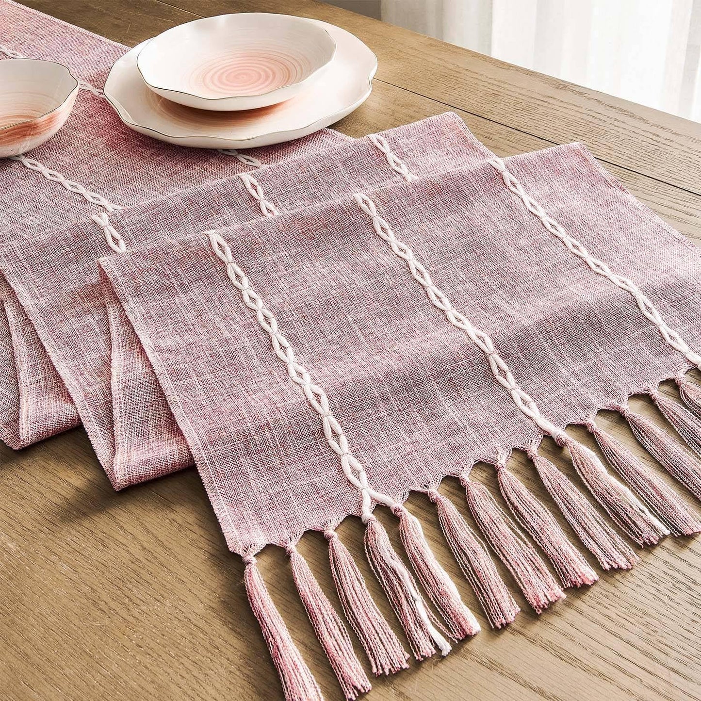 ZeeMart Farmhouse Braided Striped Table Runner, Rustic Pink Table Runners 60 Inches Long Boho Home Decor, Dusty Rose 15x60 Inches