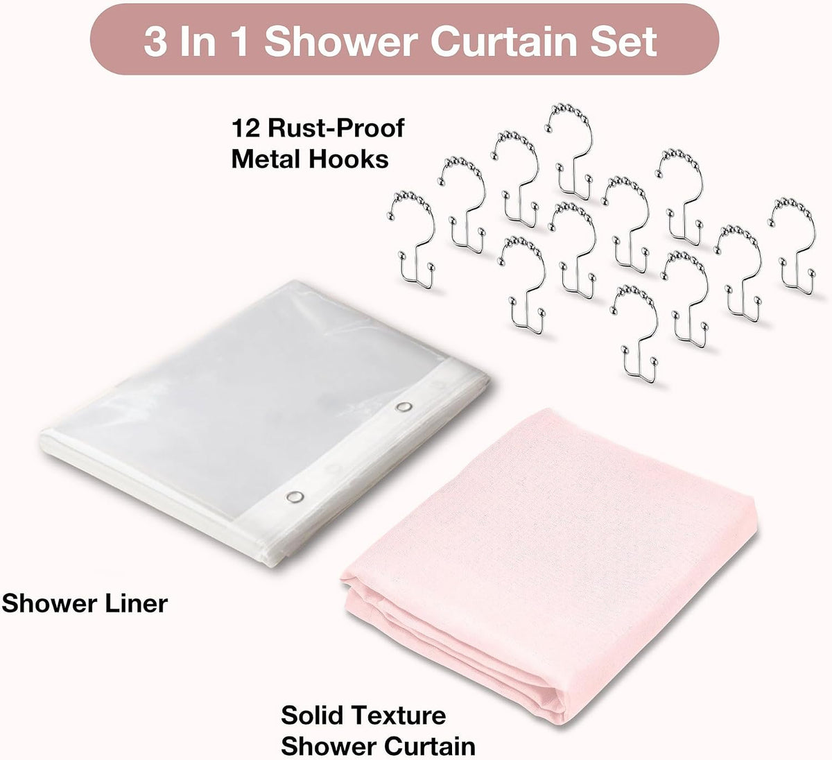 3 in 1 Shower Curtain Set, Pink Shower Curtain and Liner Set with 12 Double Sided Shower Curtain Hooks, Cloth Shower Curtains for Bathroom,Waterproof, 72" W*72" H