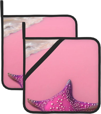 8 * 8 Inch Washable Pot Holder Set, Cooking Oven Grill Mat Accessories, Pink Sand Beach Heat Resistant Pot Holder Set of 2