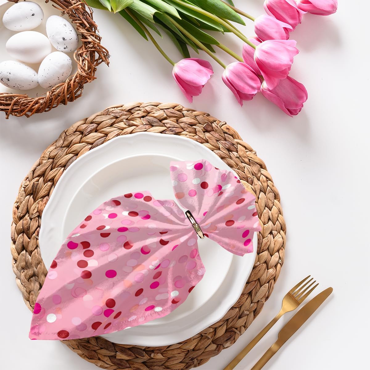 6pcs Cloth Napkins, Rosy White Dots Pattern Light Pink Polyester Napkins 20"x 20" Washable Perfect for Wedding Party Dinner Cocktail Restaurant Home Kitchen