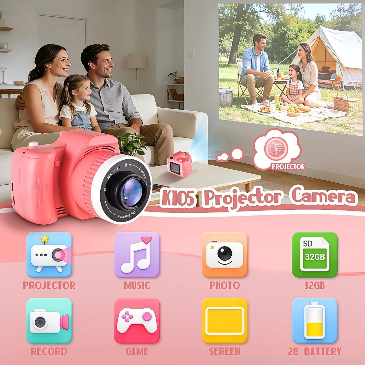 Kids Digital Camera with Video Games, Digital Camera for Kids Fhd 1080P, Kids Video Camera Digital Camcorder with Projector Stent for Gifts Pink