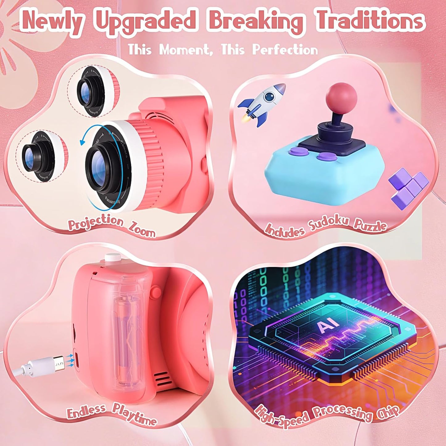Kids Digital Camera with Video Games, Digital Camera for Kids Fhd 1080P, Kids Video Camera Digital Camcorder with Projector Stent for Gifts Pink